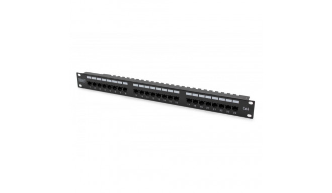 Patch panel 19'' 24x RJ45, LSA level, cat.6, unshielded, 1U, cable guide, labeling fields, black