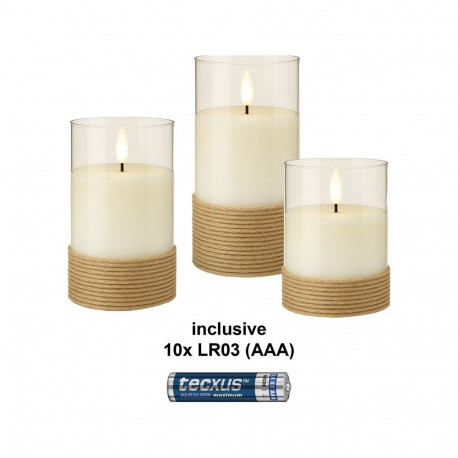 Goobay Set of 3 LED Real Wax Candles in Glass, White, Wrapped with Hemp, incl. 8x AA (LR6)