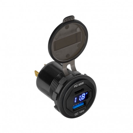 Ładowarka samochodowa USB+USB typu C z funkcją Quick Charge, Power Delivery i miernikiem napięcia 63