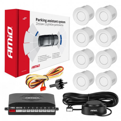 Zestaw czujników parkowania cofania buzzer 8 sensorów białe amio-01599