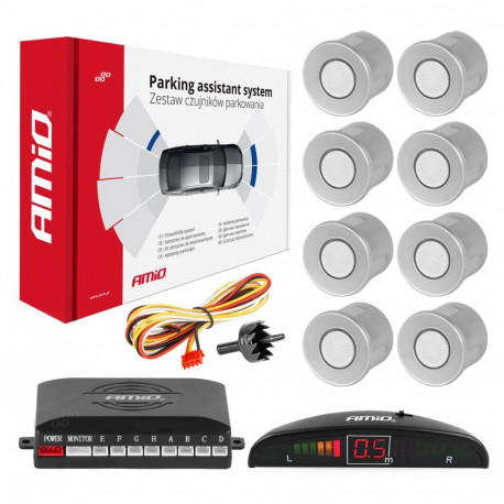Zestaw czujników parkowania cofania led 8 sensorów srebrne amio-01598