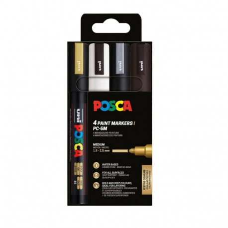 Marker UNI Posca PC5M, 4 värvi(must,valge,hõbe,kuld), 1,8-2,5mm