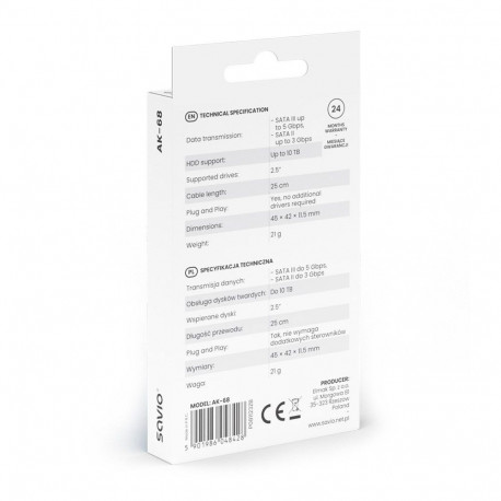 Adapter - SAVIO AK-68 USB-A 3.1 Gen 1 to SATA for 2.5" Drives 0.25m