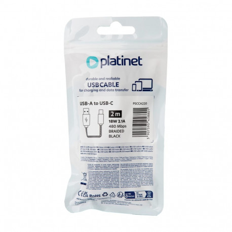 PLATINET CABLE BRAIDED USB-A TO USB-C 2.1A 18W 2M BLACK [45880]