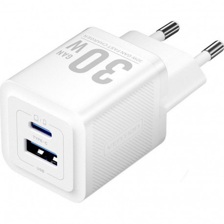 Vention 30W - laadija GaN-tehnoloogiaga, 1x USB-A, 1x USB-C (valge)