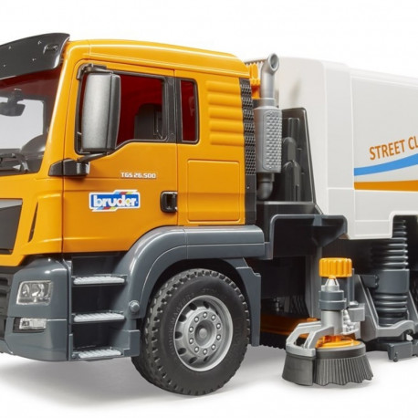 The Bruder MAN TGS Street Sweeper (Model No. 03780) is a highly detailed 1:16 scale