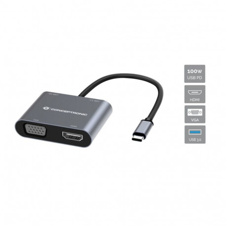 "CONCEPTRONIC 4-1 Dock USB-C->HDMI.USB3.0.VGA.100WPD 15cm gr"