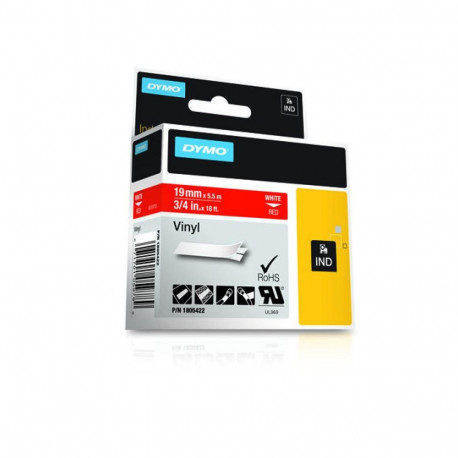 Label Tape - Dymo Vinyl White Red Indoor/Outdoor Use
