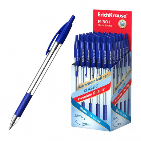 Retractable ballpoint pen ErichKrause® R-301 Classic Matic&Grip 1.0, ink color: blue (box 50 pcs