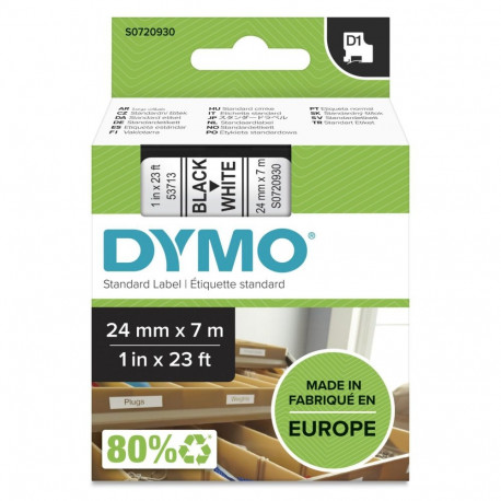 Dymo D1-teip 24 mm x 7 m, must valgel taustal