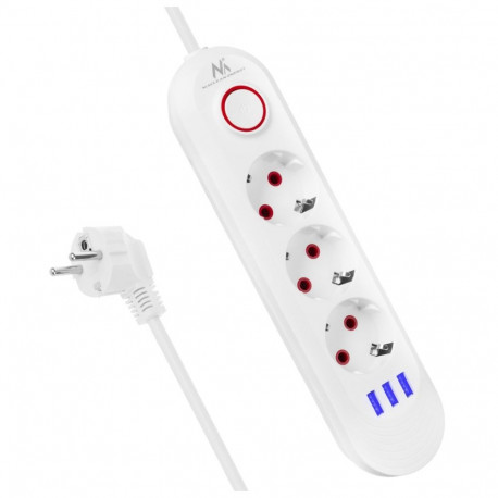 Maclean power strip, 3 socket extension + 3xUSB, 110-240V AC 50/60Hz, 2.1A max 2500W, 1.5m, white, M