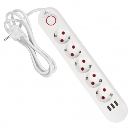 Maclean power strip, 5 socket extension + 3xUSB, 110-240V AC 50/60Hz, 2.1A max 2500W, 1.5m, white, M