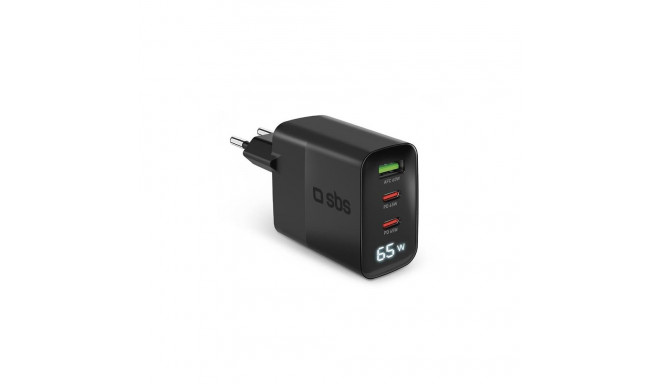 Charger SBS GaN 65W, 2xUSB-C + USB, LCD, Black