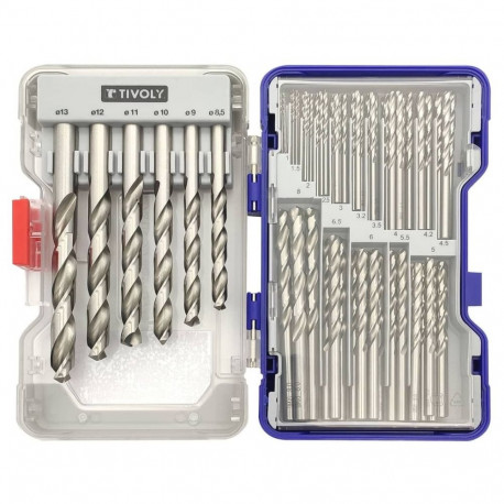 Tivoly metallipuuride komplekt – 100-osaline Ø 1–13 mm, "split point" HSS, 30° N-spiraaliga, silindr