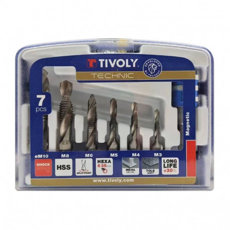 Tivoly Combination Tap Set – 7-Piece, M3–M10, HSS, Hex Shank, 3-in-1 Drill-Tap-Deburr
