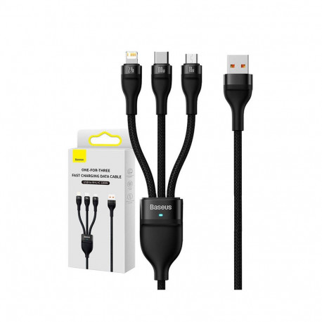 3in1 USB cable Baseus Flash Series, USB-C + micro USB + Lightning, 100W, 1.2m (black)