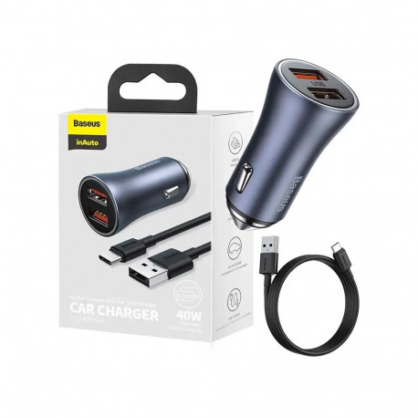 Baseus Golden Contactor Pro Car Charger 2x USB, 40W (gray) +  Cable USB to USB-C 1m (black)