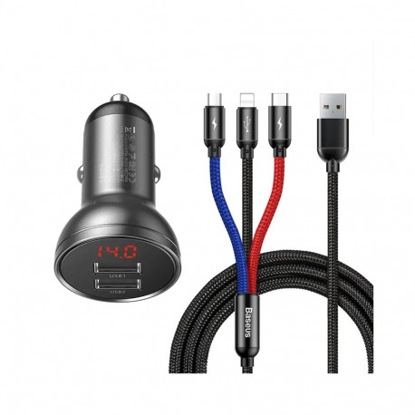 Baseus Car Charger with display 24W + Cable USB 3in1 Baseus Three Primary Colors 1,2m