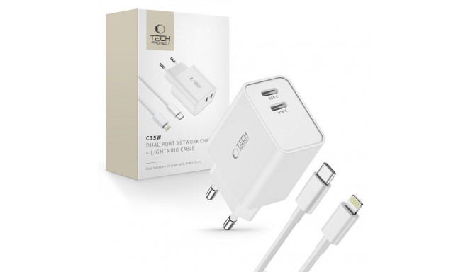 TECH-PROTECT C35W 2-PORT NETWORK CHARGER PD 35W + LIGHTNING CABLE WHITE
