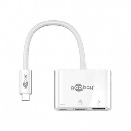 USB 3.2 Gen 1 Multiport-Hub, USB-C Stecker > USB-A + USB-C + HDMI Buchse (weiß, 15cm, PD, Laden mit 