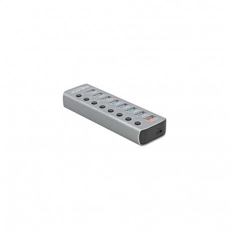 USB 3.2 Gen 1 Hub mit 7 Ports + 1 Schnellladeport + 1 USB-C PD 3.0 Port  (grau, mit Schalter und Bel