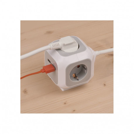 ALEA-Power pistikukuubik 4-pesaline 1,4Meter 2x USB-A, helehall/valge