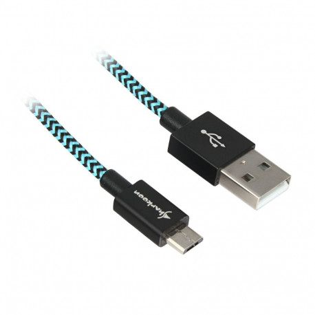 USB 2.0 Kabel, USB-A Stecker > Micro-USB Stecker (schwarz/hellblau, 2 Meter, gesleevt)