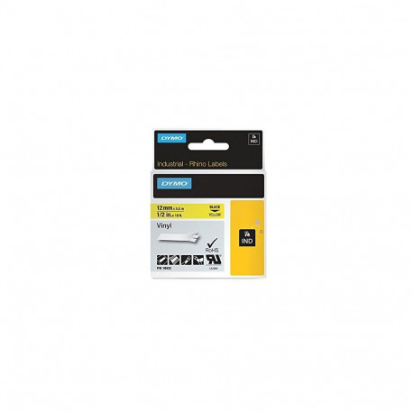 Rhino IND ORIGINAL Schriftband Vinyl 12mm x 5,5m, schwarz auf gelb (permanent klebend, 18432)