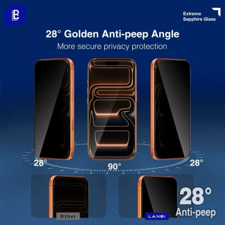 Privaatsusfiltriga kaitseklaas Lanbi iPhone 15/iPhone 16 Sapphire 3D Privacy