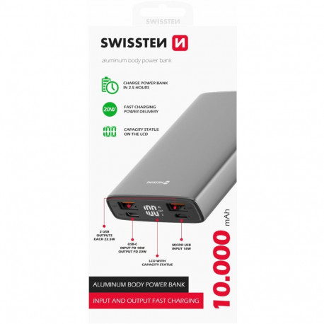 Akupank Swissten 2xUSB-USB-C-Micro USB 20W 10000mAh