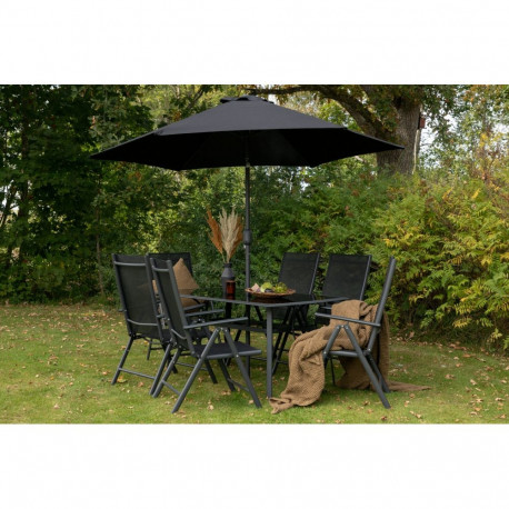 Aiamööbli komplekt BREKKI 6-kohaline päikesevari, must