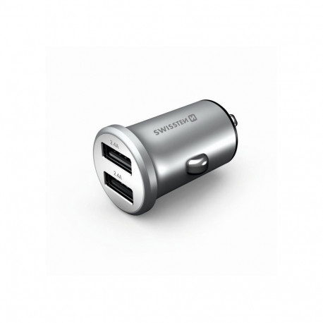 Swissten car charger Metal Premium 2xUSB 4.8A, silver