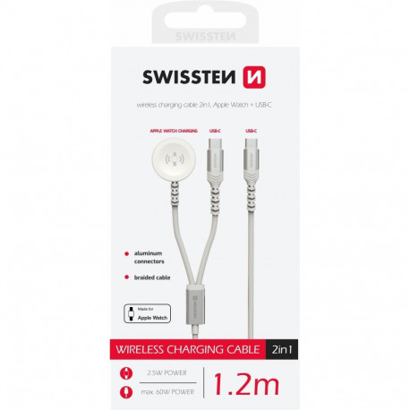 Swissten 2in1 Wireless Charger for Apple Watch and USB-C / USB-C / 1.2m
