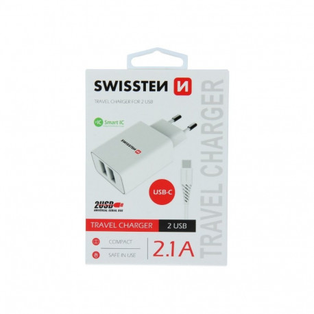 Swissten Smart IC Travel Charger 2x USB 2.1А with USB-C Cable 1.2 m