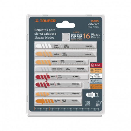 Jigsaw blade T-shank set for wood, plastic and metal 16 pcs Truper®