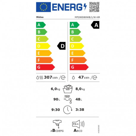 Midea pesumasin kuivatiga MF200D80WB/1/W-HR energiatõhususklass A/D eestlaetav pesukogus 8 kg 1400 p