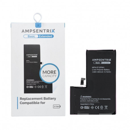 AmpSentrix Basic battery for iPhone 15 Pro Max (high capacity 4850 mAh)