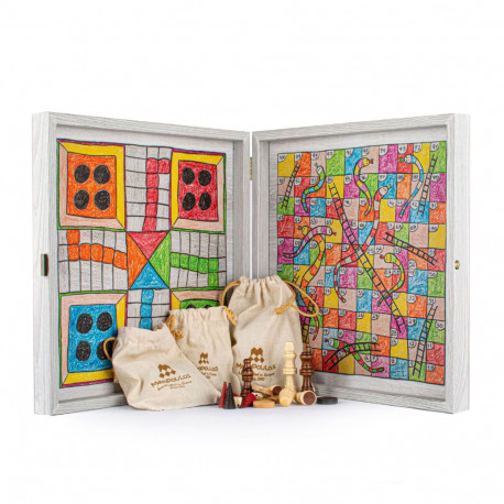 Board Game Set - Manopoulos Classic 4in1 Chess Backgammon Ludo Snakes Walnut