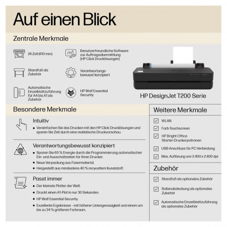 "HP DesignJet T250 60,96cm 24"" Großformatdrucker A1 USB LAN Wi-Fi"