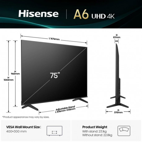 TV Set|HISENSE|75 "|4K Ultra HD|3840 x 2160 pixels|Flat|16:9|75A6Q