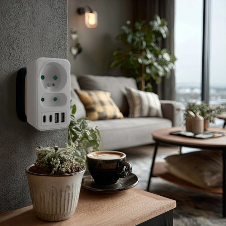 The Splitter 2-socket MCE249 F/W is a compact power adapter (typically manufactured