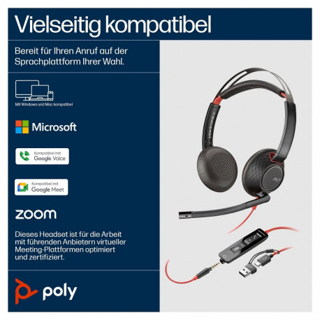 "HP Poly Blackwire 5220 Stereo USB-C Headset +3.5mm Plug +USB-C/A Adapter (207586-201/207576-201)"