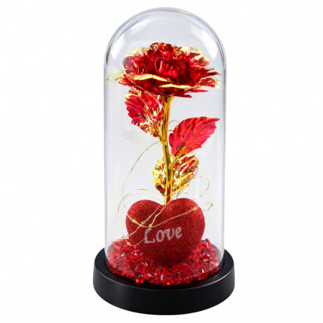 Igavene roos kupli all LED-valgustuse, südame ja helmestega, punane 21x11cm