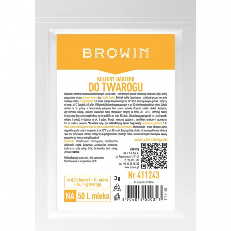 Browin Cottage Cheese Bacterial Cultures 411243, 3.0 g, 1 U, for 50 L milk, for cottage cheese and s