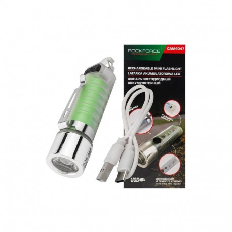 Rockforce RF-CAM4047 LED pocket flashlight, 100 lm, 0.5 Ah, IPX5, 6 modes, type-C, carabiner