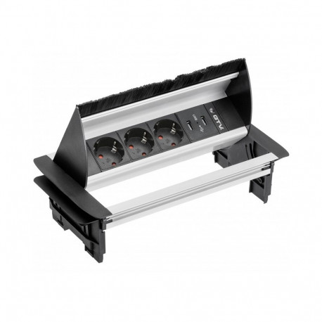 Gtv mööbli pistikupesa harjaga, AE-PBC3GS2U-53BKS, 3xSHUKO, 2xUSB-A 2,1A, 1,5m, alumiinium