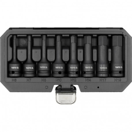 Yato YT-1066 Löökpesade komplekt, 8tk, 1/2", 6-19mm, Hex, CrMo, 54 HRC, fosfaatitud