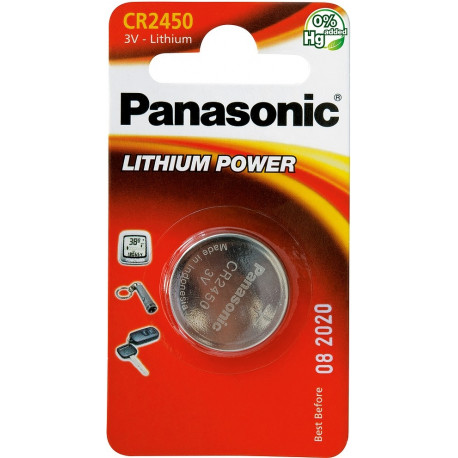 Patarei Panasonic CR2450/1B pinge: 3 V kõrgus: 5 mm diameeter: 24,5 mm maht: 620 mAh kaal: 6,3 g
