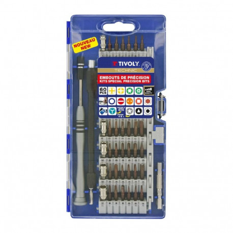 Tivoly Precision Screwdriver Bit Set – 60-Piece S2 Steel, 4 mm Hex Shank, Color-Coded Rack, Oxidized