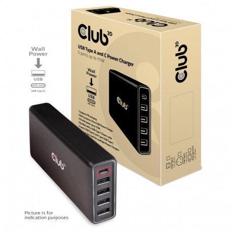 MOBILE CHARGER WALL 5P + CABLE/USB 111W CAC-1903EU CLUB3D